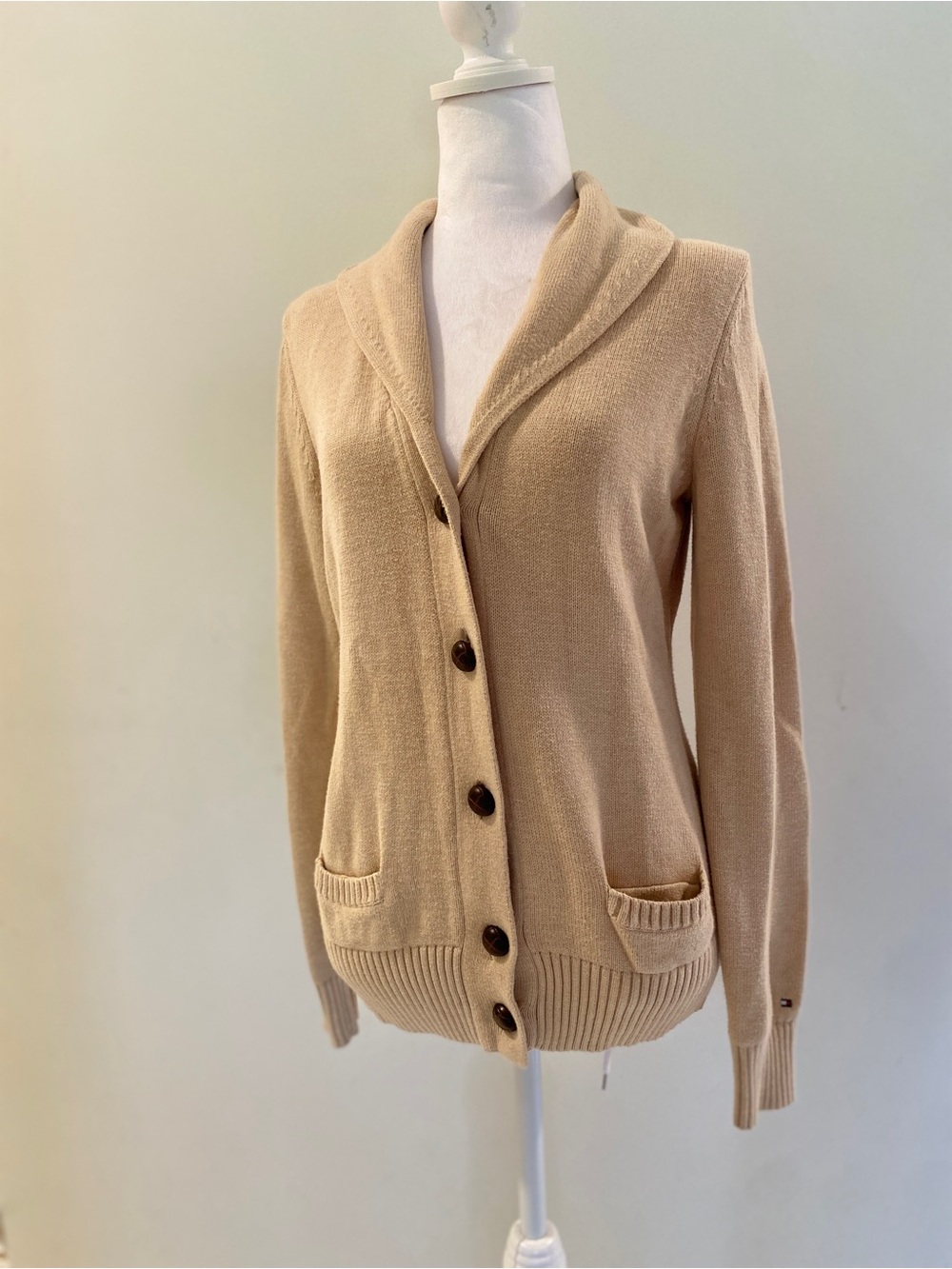Tommy Hilfiger Neutral Beige Button-Front Shawl Collar Cardigan